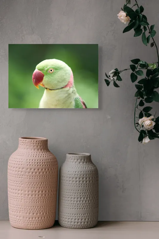 Tablou Canvas, "Papagalul fermecător în lumina dimineții", Papagal, Verde, Penaj, Ochi, Cioc, Roz, Fundal, Neted, Vibrant, Elegant, 54 x 39 cm – poza 8