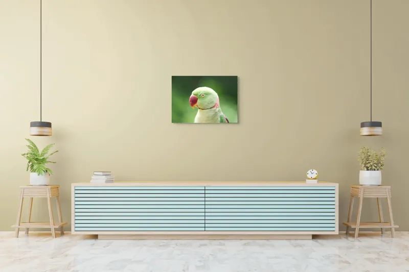 Tablou Canvas, "Papagalul fermecător în lumina dimineții", Papagal, Verde, Penaj, Ochi, Cioc, Roz, Fundal, Neted, Vibrant, Elegant, 70 x 50 cm – poza 7