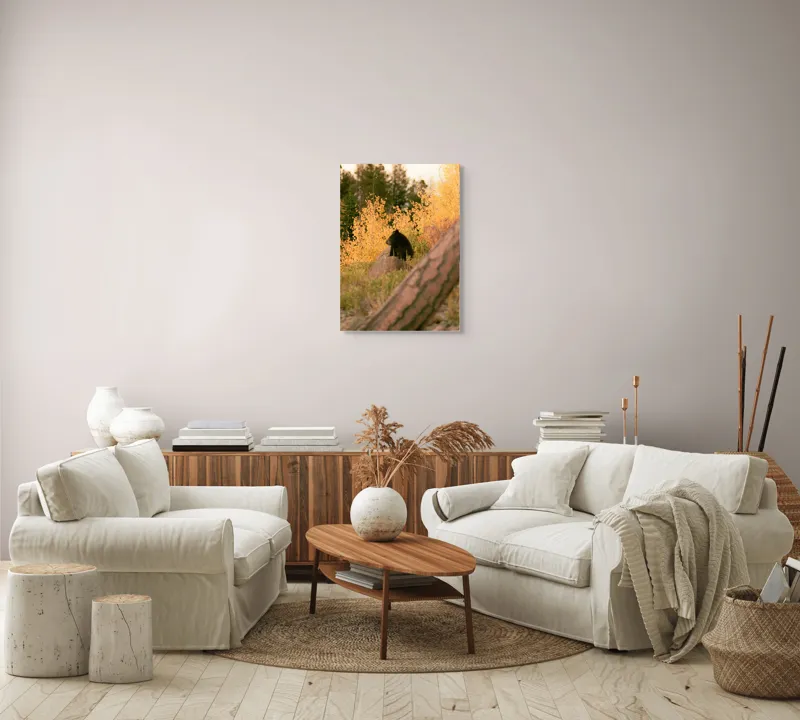 Tablou Canvas, "Ursul toamnei între frunze aurii", Urs, Toamnă, Pădure, Copaci, Frunze, Peisaj, Natură, Trunchi, Stâncă, Liniște, 50 x 70 cm – poza 4