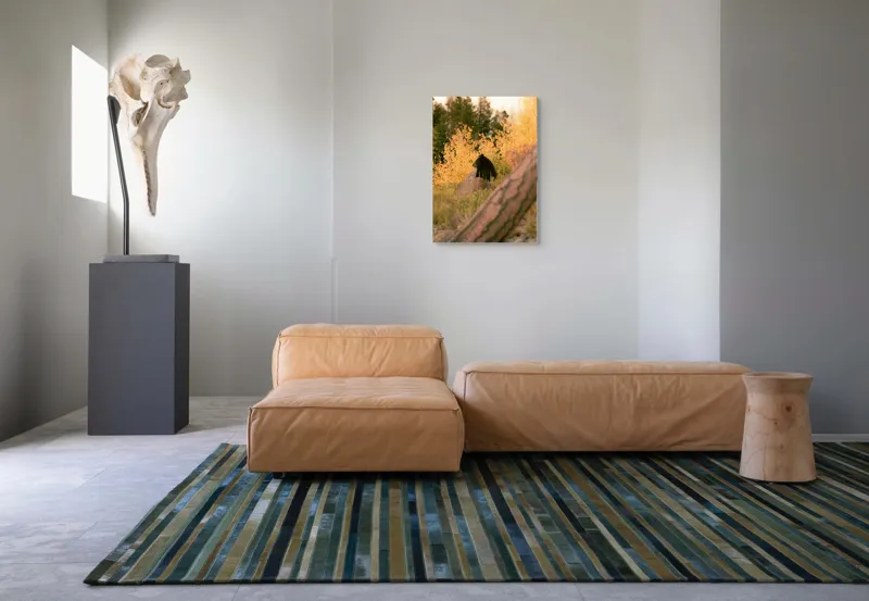 Tablou Canvas, "Ursul toamnei între frunze aurii", Urs, Toamnă, Pădure, Copaci, Frunze, Peisaj, Natură, Trunchi, Stâncă, Liniște, 50 x 70 cm – poza 7