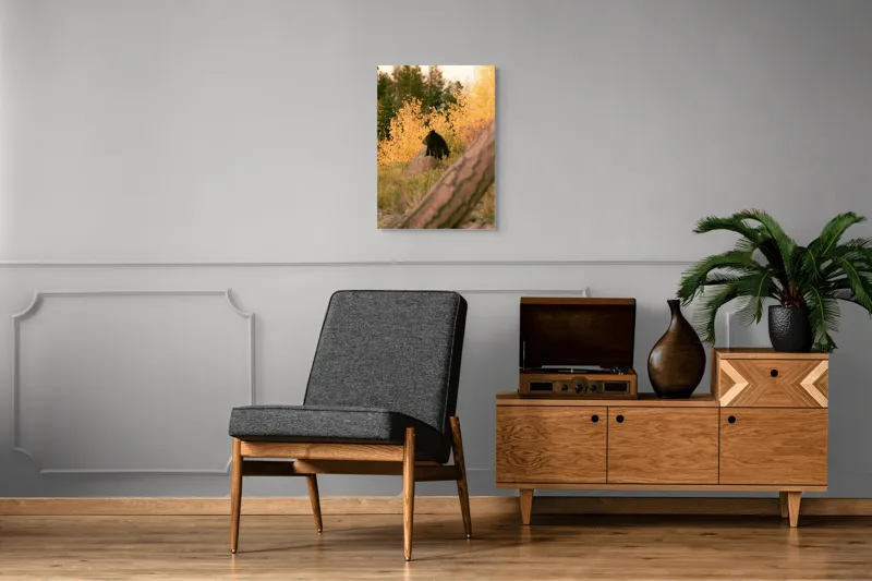Tablou Canvas, "Ursul toamnei între frunze aurii", Urs, Toamnă, Pădure, Copaci, Frunze, Peisaj, Natură, Trunchi, Stâncă, Liniște, 50 x 70 cm – poza 8