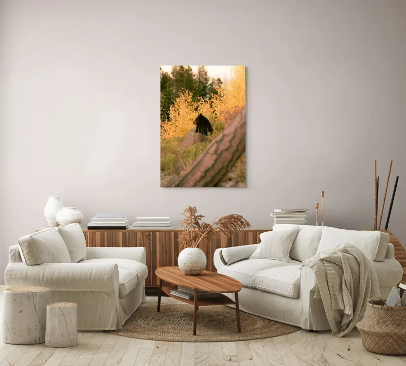 Tablou Canvas, "Ursul toamnei între frunze aurii", Urs, Toamnă, Pădure, Copaci, Frunze, Peisaj, Natură, Trunchi, Stâncă, Liniște, 70 x 100 cm – poza 4