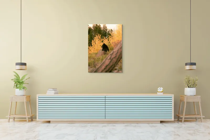 Tablou Canvas, "Ursul toamnei între frunze aurii", Urs, Toamnă, Pădure, Copaci, Frunze, Peisaj, Natură, Trunchi, Stâncă, Liniște, 70 x 100 cm – poza 5