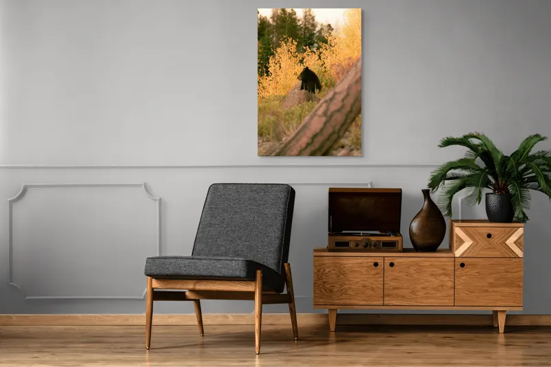 Tablou Canvas, "Ursul toamnei între frunze aurii", Urs, Toamnă, Pădure, Copaci, Frunze, Peisaj, Natură, Trunchi, Stâncă, Liniște, 70 x 100 cm – poza 6