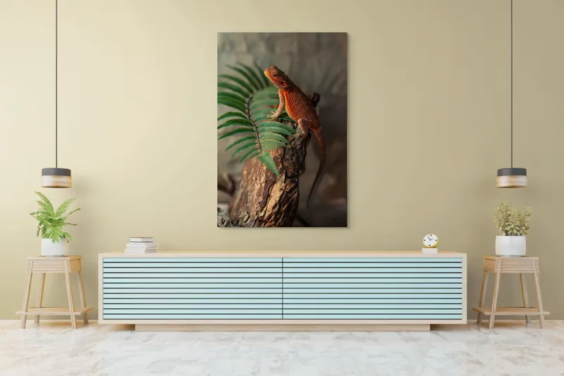 Tablou Canvas, "Dragon de foc pe trunchi vechi", Șopârlă, Trunchi, Frunze, Verde, Textură, Natural, Reptilă, Detalii, Lumină, Eșantion., 100 x 150 cm – poza 4