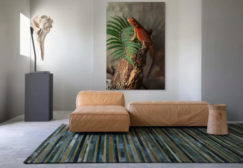 Tablou Canvas, "Dragon de foc pe trunchi vechi", Șopârlă, Trunchi, Frunze, Verde, Textură, Natural, Reptilă, Detalii, Lumină, Eșantion., 100 x 150 cm – poza 7