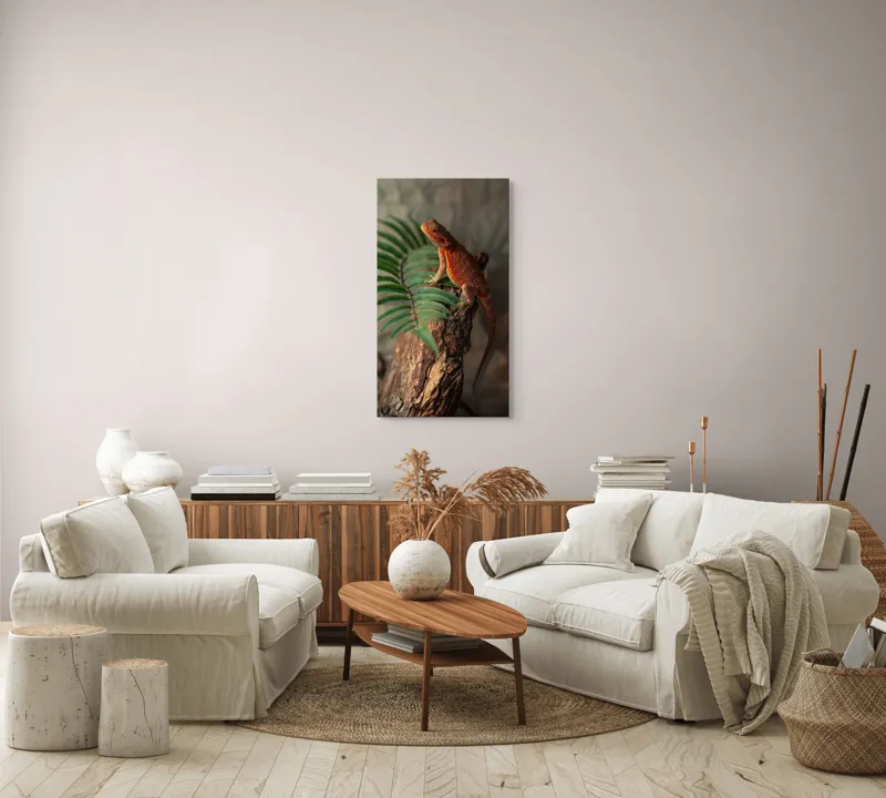 Tablou Canvas, "Dragon de foc pe trunchi vechi", Șopârlă, Trunchi, Frunze, Verde, Textură, Natural, Reptilă, Detalii, Lumină, Eșantion., 50 x 90 cm – poza 7