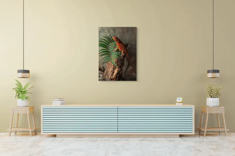 Tablou Canvas, "Dragon de foc pe trunchi vechi", Șopârlă, Trunchi, Frunze, Verde, Textură, Natural, Reptilă, Detalii, Lumină, Eșantion., 70 x 100 cm – poza 5