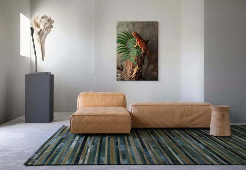 Tablou Canvas, "Dragon de foc pe trunchi vechi", Șopârlă, Trunchi, Frunze, Verde, Textură, Natural, Reptilă, Detalii, Lumină, Eșantion., 70 x 100 cm – poza 7