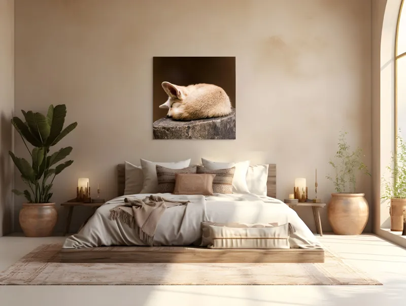 Tablou Canvas, "Vulpea adormită pe buștean cafeniu", Adormit, Vulpe, Coadă, Urechi, Lemn, Blană, Somn, Calm, Blând, Natură, 100 x 100 cm – poza 4