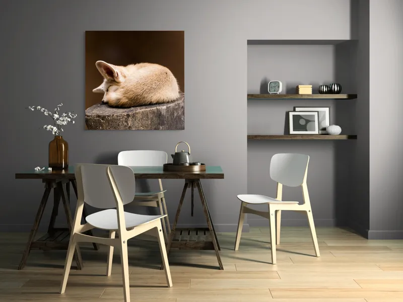 Tablou Canvas, "Vulpea adormită pe buștean cafeniu", Adormit, Vulpe, Coadă, Urechi, Lemn, Blană, Somn, Calm, Blând, Natură, 100 x 100 cm – poza 6