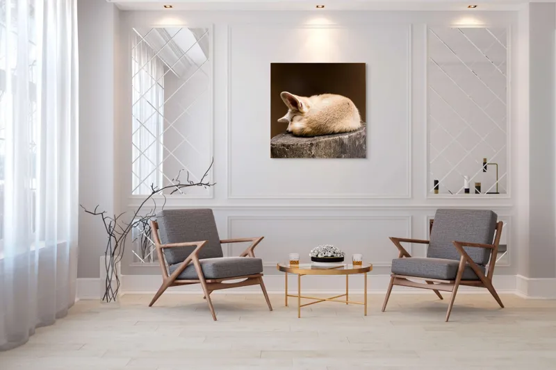 Tablou Canvas, "Vulpea adormită pe buștean cafeniu", Adormit, Vulpe, Coadă, Urechi, Lemn, Blană, Somn, Calm, Blând, Natură, 100 x 100 cm – poza 7