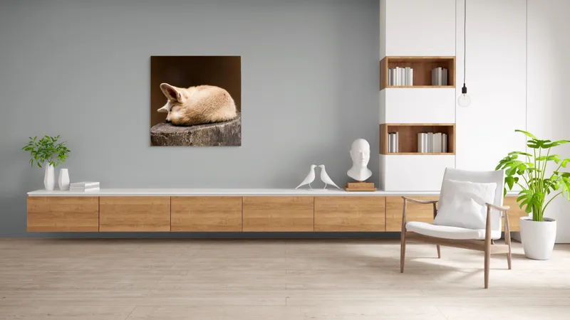 Tablou Canvas, "Vulpea adormită pe buștean cafeniu", Adormit, Vulpe, Coadă, Urechi, Lemn, Blană, Somn, Calm, Blând, Natură, 100 x 100 cm – poza 8