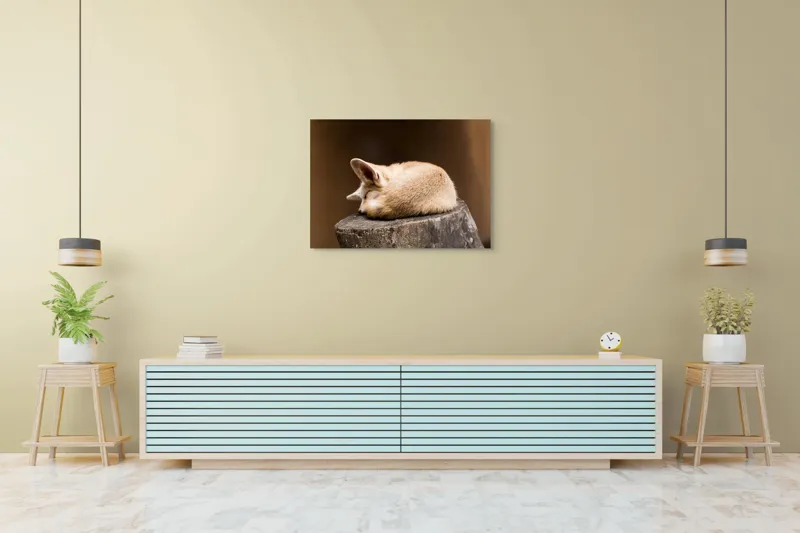 Tablou Canvas, "Vulpea adormită pe buștean cafeniu", Adormit, Vulpe, Coadă, Urechi, Lemn, Blană, Somn, Calm, Blând, Natură, 100 x 70 cm – poza 4