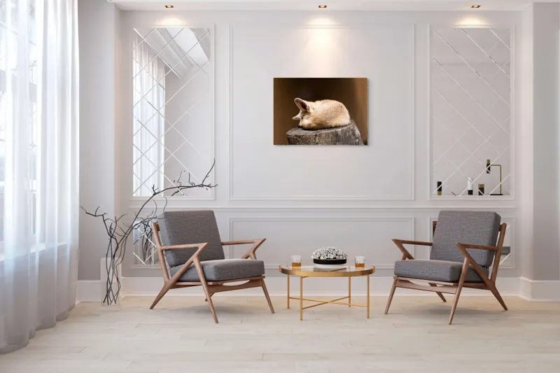 Tablou Canvas, "Vulpea adormită pe buștean cafeniu", Adormit, Vulpe, Coadă, Urechi, Lemn, Blană, Somn, Calm, Blând, Natură, 100 x 70 cm – poza 5