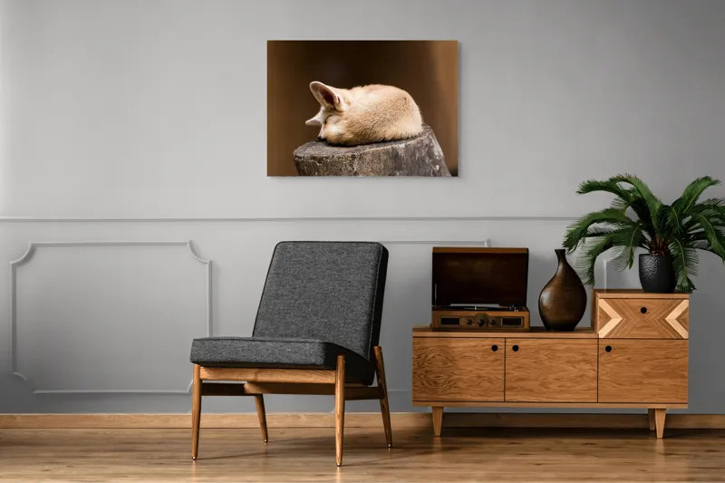Tablou Canvas, "Vulpea adormită pe buștean cafeniu", Adormit, Vulpe, Coadă, Urechi, Lemn, Blană, Somn, Calm, Blând, Natură, 100 x 70 cm – poza 8