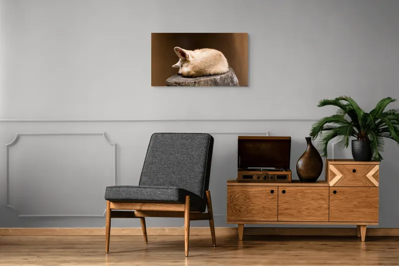 Tablou Canvas, "Vulpea adormită pe buștean cafeniu", Adormit, Vulpe, Coadă, Urechi, Lemn, Blană, Somn, Calm, Blând, Natură, 90 x 50 cm – poza 6