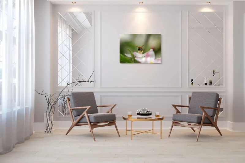 Tablou Canvas, "Albină pe floare primăvăratică", Alb, Delicat, Polenizare, Verde, Natura, Fragil, Aripi, Primavara, Foioase, Nectar., 100 x 70 cm – poza 5