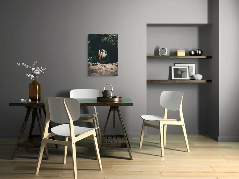 Tablou Canvas, "Puffin adăpostit în vizuină întunecată", Puffin, Vizuină, Privire, Ascunziș, Natură, Sol, Frunze, Culori, Contrast, Umbre, 50 x 70 cm – poza 5