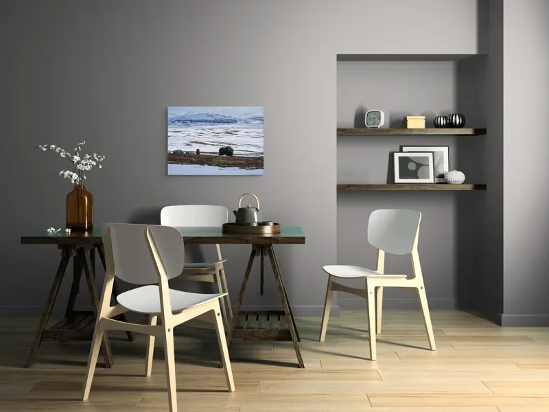 Tablou Canvas, "Moscari pe întinderile arctice ale Norvegiei", Bivoli, Zăpadă, Peisaj, Munte, Cer, Stânci, Tundră, Liniște, Natură, Câmpie, 70 x 50 cm – poza 5