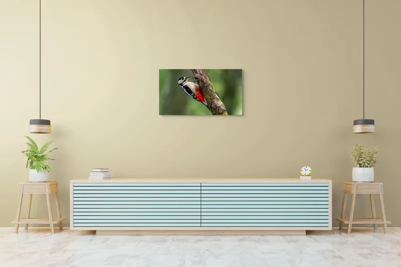 Tablou Canvas, "Ciocănitoarea la datorie în pădure", Pajură, Culoare, Natură, Pădure, Lemn, Penaj, Contrast, Detaliu, 90 x 50 cm – poza 5