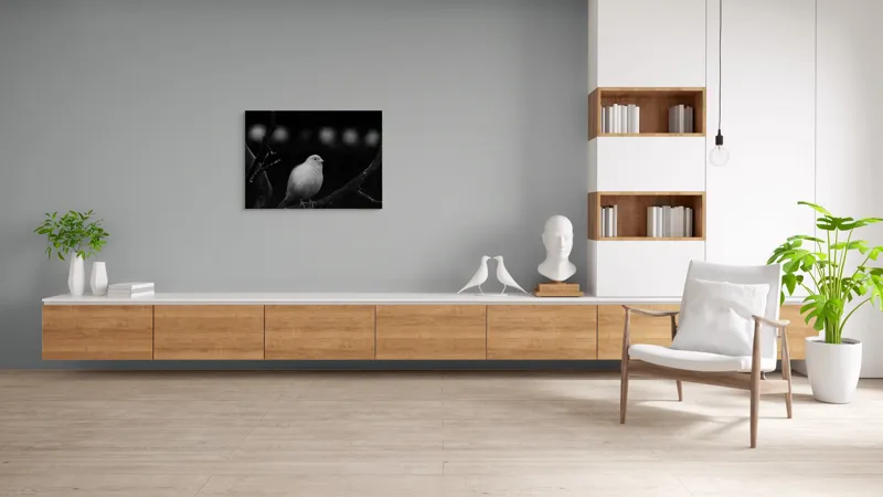 Tablou Canvas, "Pasărea albă pe ramură întunecată", Pasăre, Ramură, Alb, Negru, Liniște, Contrast, Natură, Delicatețe, Singurătate, Contemplare, 100 x 70 cm – poza 6