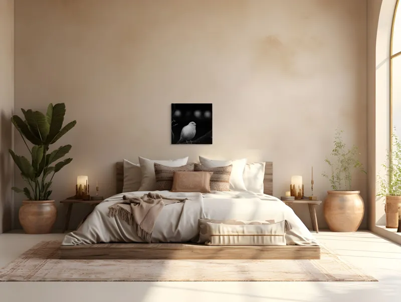 Tablou Canvas, "Pasărea albă pe ramură întunecată", Pasăre, Ramură, Alb, Negru, Liniște, Contrast, Natură, Delicatețe, Singurătate, Contemplare, 50 x 50 cm – poza 5