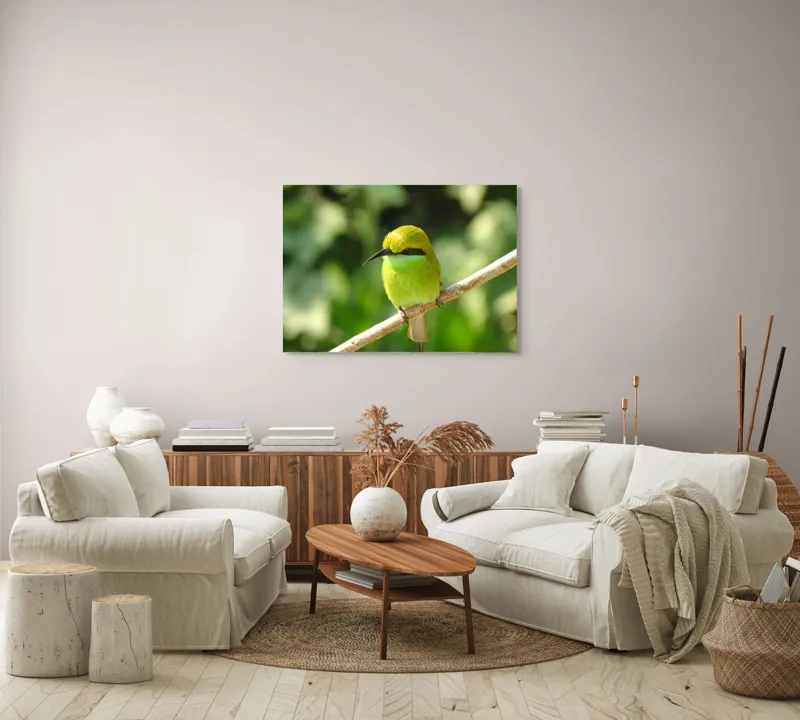 Tablou Canvas, "Splendoarea verde a naturii păsărilor", Nuanțe, Verde, Strălucire, Delicatețe, Prăjină, Natură, Eleganță, Privire, Viu, Blândețe, 100 x 70 cm – poza 3
