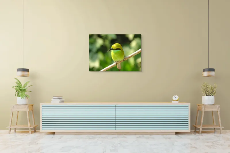 Tablou Canvas, "Splendoarea verde a naturii păsărilor", Nuanțe, Verde, Strălucire, Delicatețe, Prăjină, Natură, Eleganță, Privire, Viu, Blândețe, 100 x 70 cm – poza 4