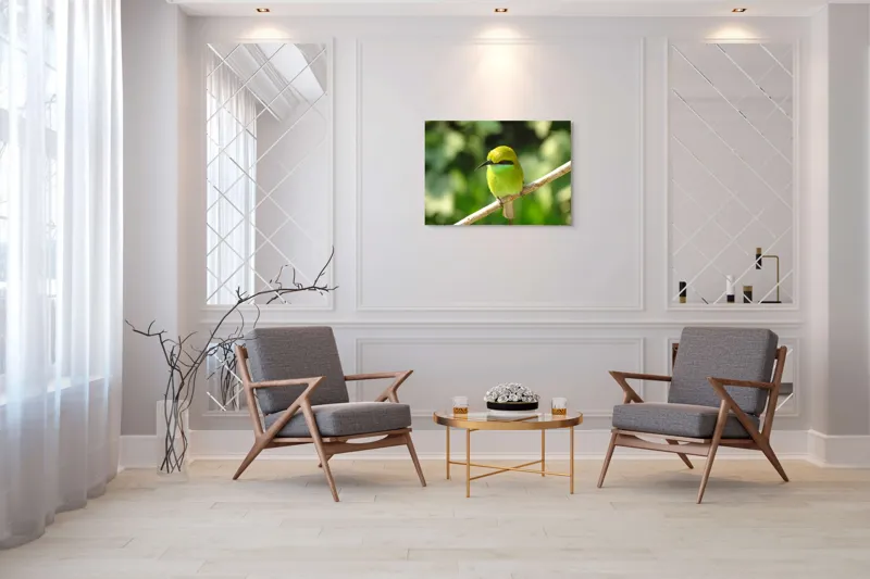 Tablou Canvas, "Splendoarea verde a naturii păsărilor", Nuanțe, Verde, Strălucire, Delicatețe, Prăjină, Natură, Eleganță, Privire, Viu, Blândețe, 100 x 70 cm – poza 5