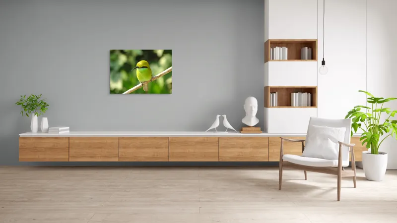 Tablou Canvas, "Splendoarea verde a naturii păsărilor", Nuanțe, Verde, Strălucire, Delicatețe, Prăjină, Natură, Eleganță, Privire, Viu, Blândețe, 100 x 70 cm – poza 6