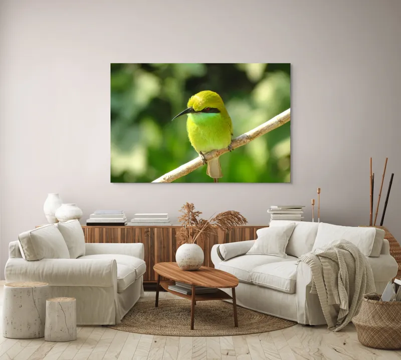 Tablou Canvas, "Splendoarea verde a naturii păsărilor", Nuanțe, Verde, Strălucire, Delicatețe, Prăjină, Natură, Eleganță, Privire, Viu, Blândețe, 150 x 100 cm – poza 3