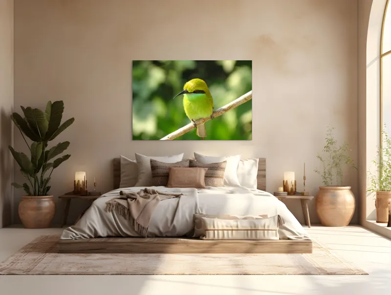 Tablou Canvas, "Splendoarea verde a naturii păsărilor", Nuanțe, Verde, Strălucire, Delicatețe, Prăjină, Natură, Eleganță, Privire, Viu, Blândețe, 150 x 100 cm – poza 4