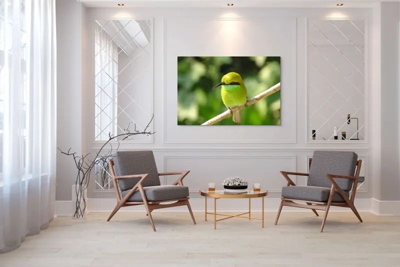 Tablou Canvas, "Splendoarea verde a naturii păsărilor", Nuanțe, Verde, Strălucire, Delicatețe, Prăjină, Natură, Eleganță, Privire, Viu, Blândețe, 150 x 100 cm – poza 7