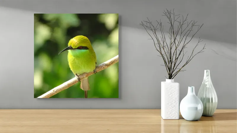 Tablou Canvas, "Splendoarea verde a naturii păsărilor", Nuanțe, Verde, Strălucire, Delicatețe, Prăjină, Natură, Eleganță, Privire, Viu, Blândețe, 50 x 50 cm – poza 3