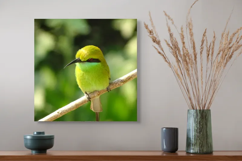Tablou Canvas, "Splendoarea verde a naturii păsărilor", Nuanțe, Verde, Strălucire, Delicatețe, Prăjină, Natură, Eleganță, Privire, Viu, Blândețe, 50 x 50 cm – poza 4