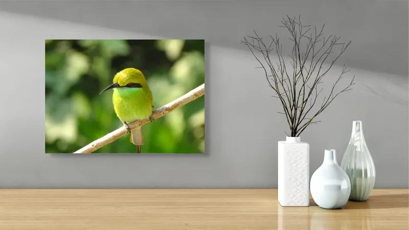Tablou Canvas, "Splendoarea verde a naturii păsărilor", Nuanțe, Verde, Strălucire, Delicatețe, Prăjină, Natură, Eleganță, Privire, Viu, Blândețe, 54 x 39 cm – poza 3