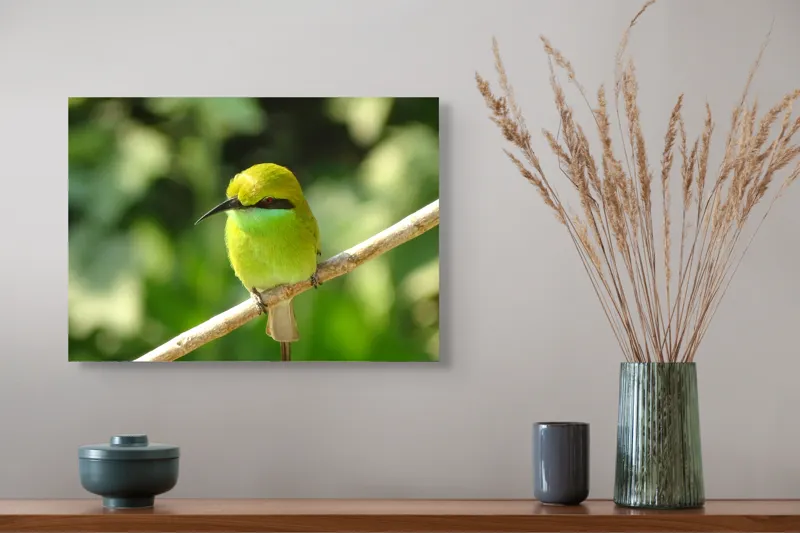 Tablou Canvas, "Splendoarea verde a naturii păsărilor", Nuanțe, Verde, Strălucire, Delicatețe, Prăjină, Natură, Eleganță, Privire, Viu, Blândețe, 54 x 39 cm – poza 4