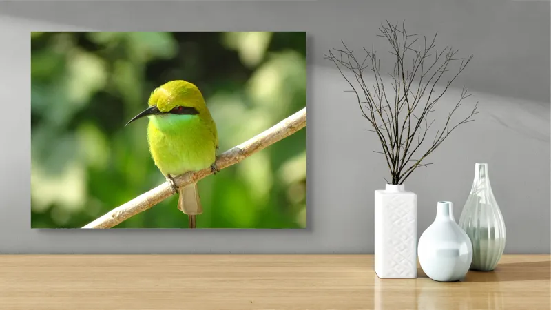 Tablou Canvas, "Splendoarea verde a naturii păsărilor", Nuanțe, Verde, Strălucire, Delicatețe, Prăjină, Natură, Eleganță, Privire, Viu, Blândețe, 70 x 50 cm – poza 3