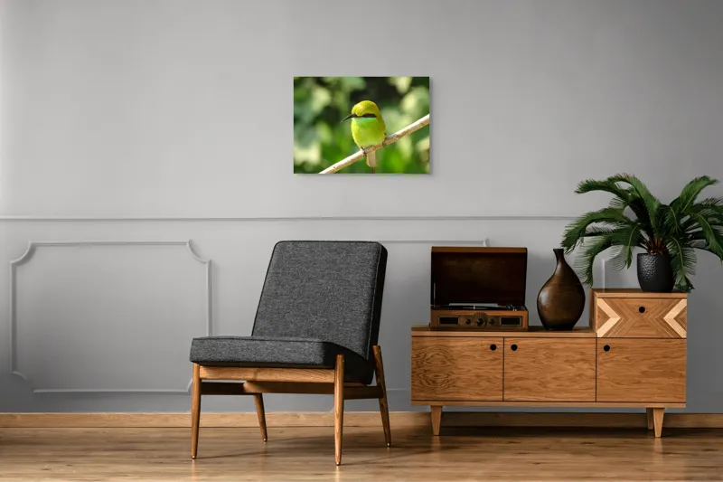 Tablou Canvas, "Splendoarea verde a naturii păsărilor", Nuanțe, Verde, Strălucire, Delicatețe, Prăjină, Natură, Eleganță, Privire, Viu, Blândețe, 70 x 50 cm – poza 4