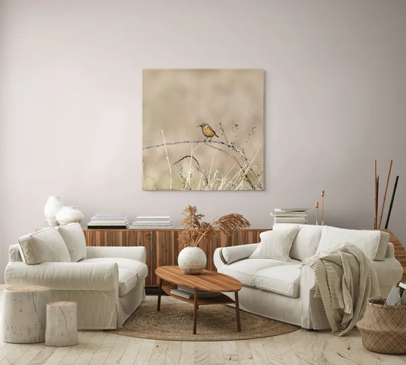 Tablou Canvas, "Pasărea pe o crenguță uscată", Păsăre, Ramură, Natural, Arid, Peisaj, Fragilitate, Subtilitate, Observație, 100 x 100 cm – poza 3