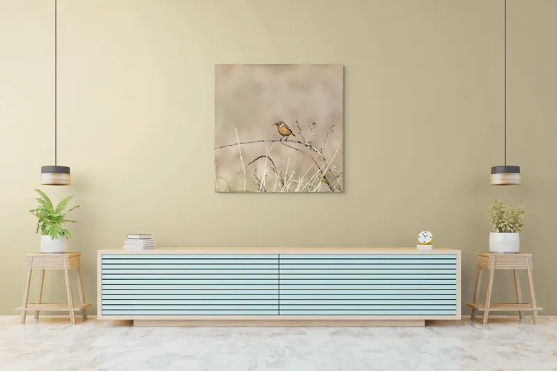 Tablou Canvas, "Pasărea pe o crenguță uscată", Păsăre, Ramură, Natural, Arid, Peisaj, Fragilitate, Subtilitate, Observație, 100 x 100 cm – poza 5