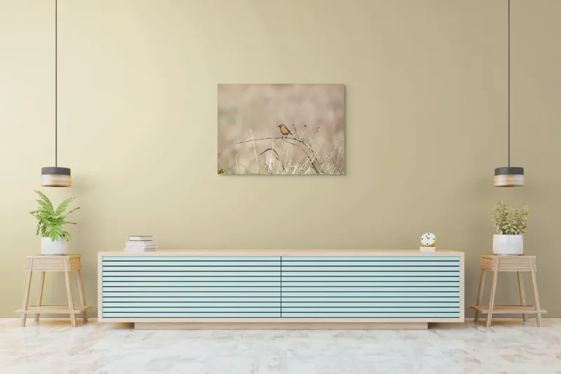Tablou Canvas, "Pasărea pe o crenguță uscată", Păsăre, Ramură, Natural, Arid, Peisaj, Fragilitate, Subtilitate, Observație, 100 x 70 cm – poza 4
