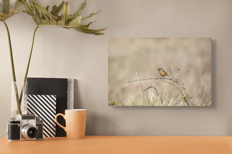 Tablou Canvas, "Pasărea pe o crenguță uscată", Păsăre, Ramură, Natural, Arid, Peisaj, Fragilitate, Subtilitate, Observație, 39 x 26 cm – poza 3