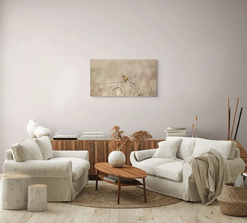 Tablou Canvas, "Pasărea pe o crenguță uscată", Păsăre, Ramură, Natural, Arid, Peisaj, Fragilitate, Subtilitate, Observație, 90 x 50 cm – poza 4
