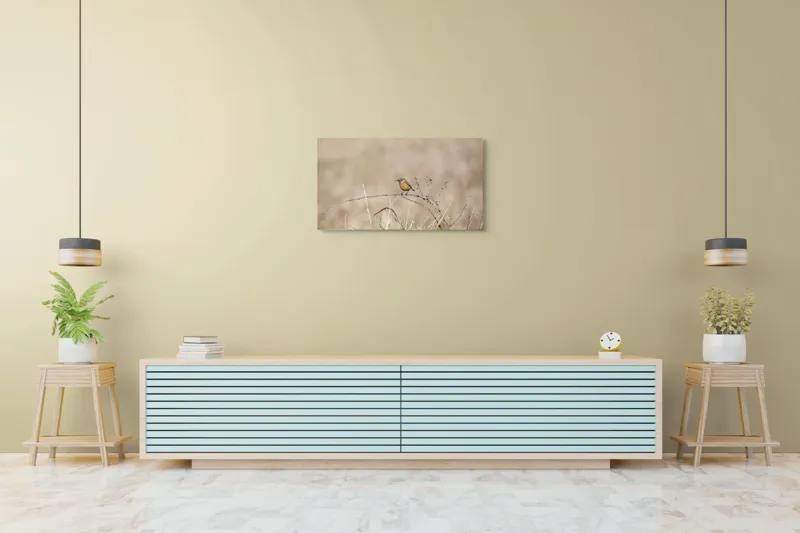 Tablou Canvas, "Pasărea pe o crenguță uscată", Păsăre, Ramură, Natural, Arid, Peisaj, Fragilitate, Subtilitate, Observație, 90 x 50 cm – poza 5