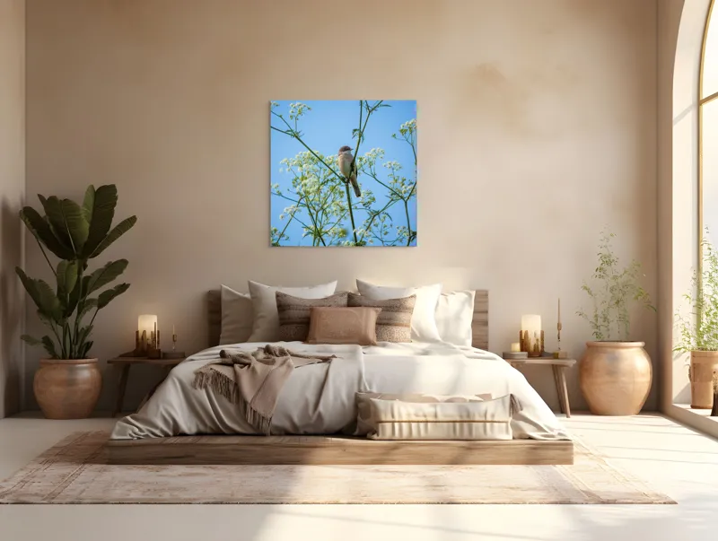 Tablou Canvas, "Pasăre printre flori albe și cer senin", Pasăre, Subțire, Ramuri, Înflorite, Cer, Albastru, Delicat, Primăvară, Natură, Liniște, 100 x 100 cm – poza 4