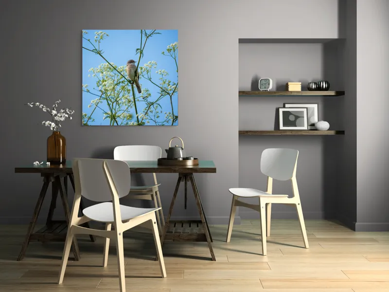 Tablou Canvas, "Pasăre printre flori albe și cer senin", Pasăre, Subțire, Ramuri, Înflorite, Cer, Albastru, Delicat, Primăvară, Natură, Liniște, 100 x 100 cm – poza 6