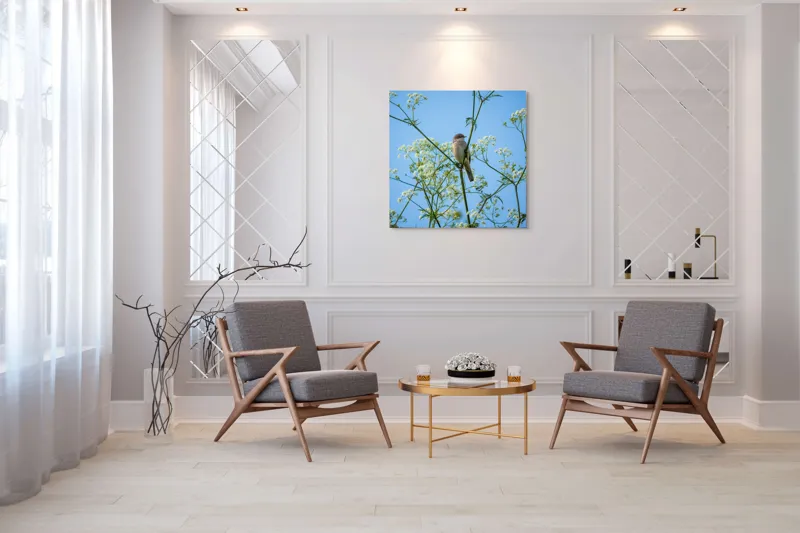 Tablou Canvas, "Pasăre printre flori albe și cer senin", Pasăre, Subțire, Ramuri, Înflorite, Cer, Albastru, Delicat, Primăvară, Natură, Liniște, 100 x 100 cm – poza 7