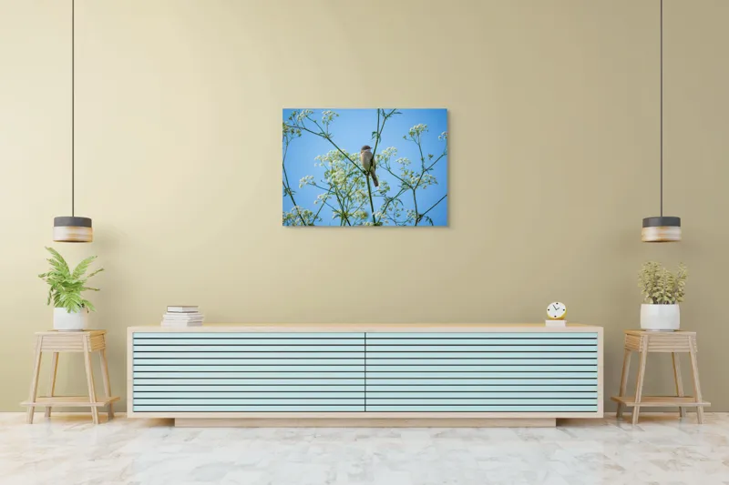 Tablou Canvas, "Pasăre printre flori albe și cer senin", Pasăre, Subțire, Ramuri, Înflorite, Cer, Albastru, Delicat, Primăvară, Natură, Liniște, 100 x 70 cm – poza 4